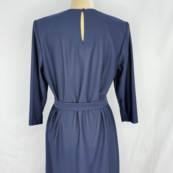 Vintage Antthony Richards Women Navy Blue Midi Dress Tie Waist Size 12 - Picture 4 of 14